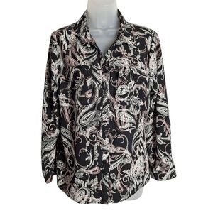 Notations Paisley Button Up Top Black Pastel Long Sleeve Medium Women